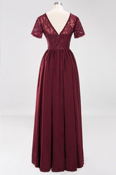 Elegant Dark Navy Long Lace Bridesmaid Dresses with Short-Sleeves-27dress